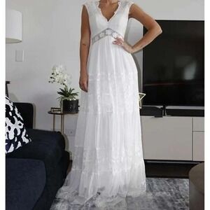 Hebeos White Lace V-Neck Tiered Maxi Dress Bohemian Bridal Wedding‎ Gown New M